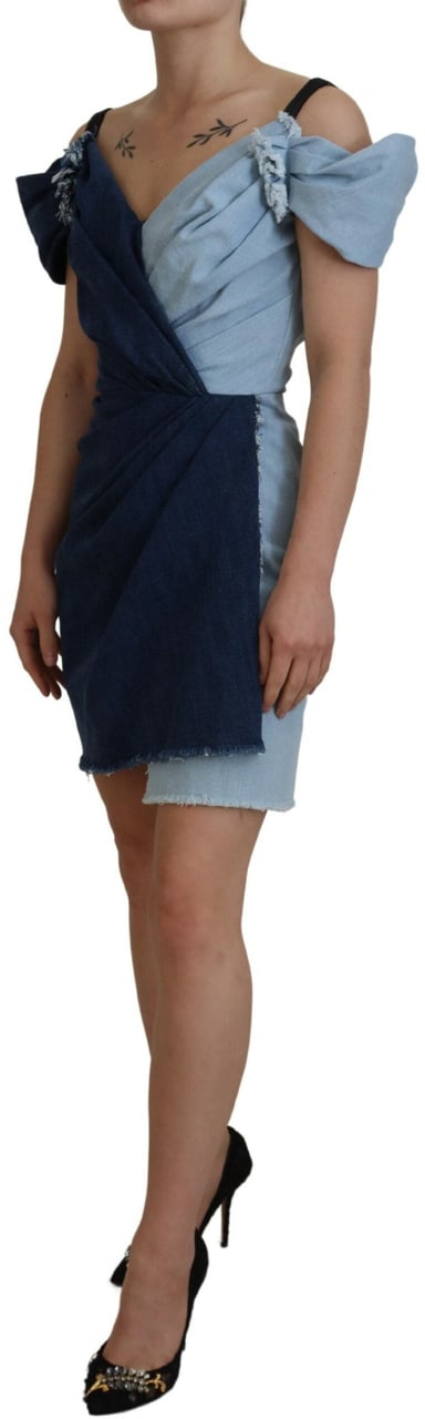 Dolce & Gabbana Two Tone Blue Patchwork Denim Mini Dress Blauw
