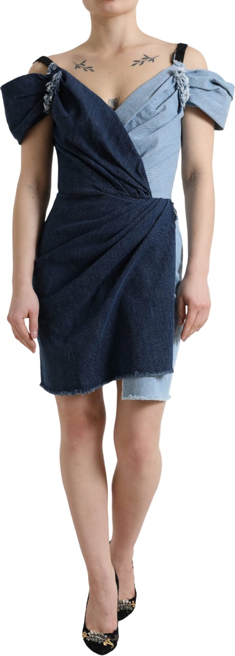 Dolce & Gabbana Blue Patchwork Two Tone Denim Mini Dress Blauw