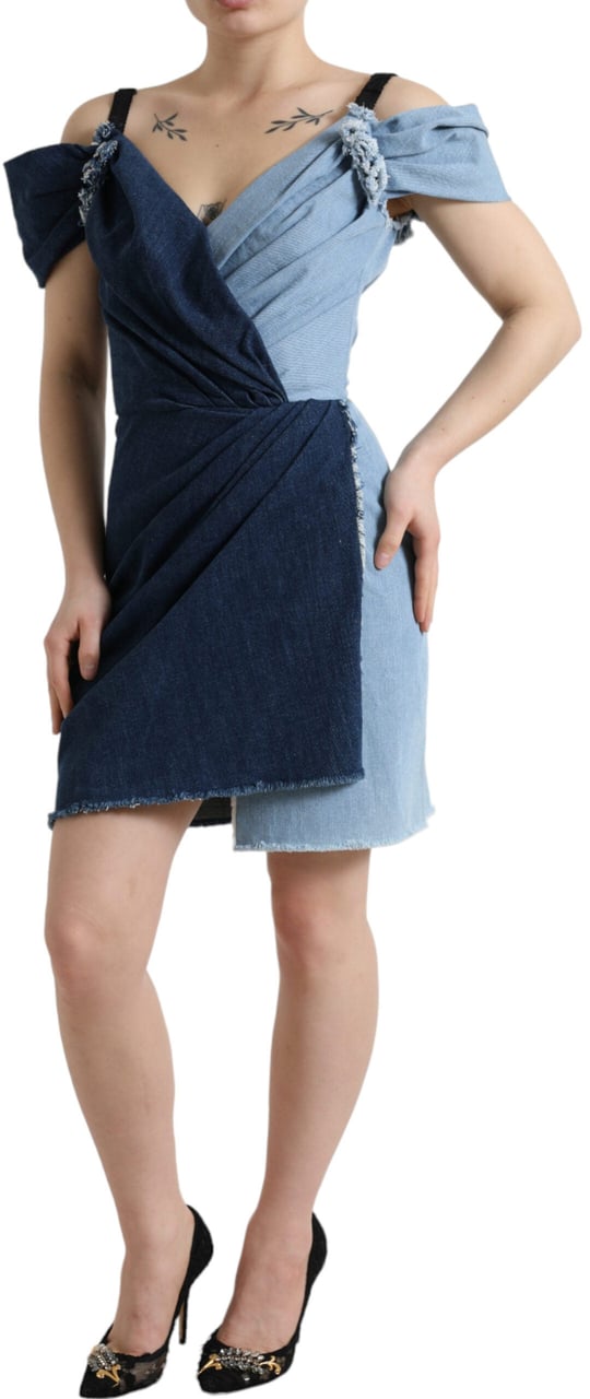Dolce & Gabbana Blue Patchwork Two Tone Denim Mini Dress Blauw
