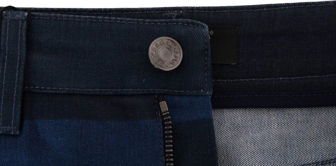 Dolce & Gabbana Blue Short striped Mini Denim Skirt Blauw