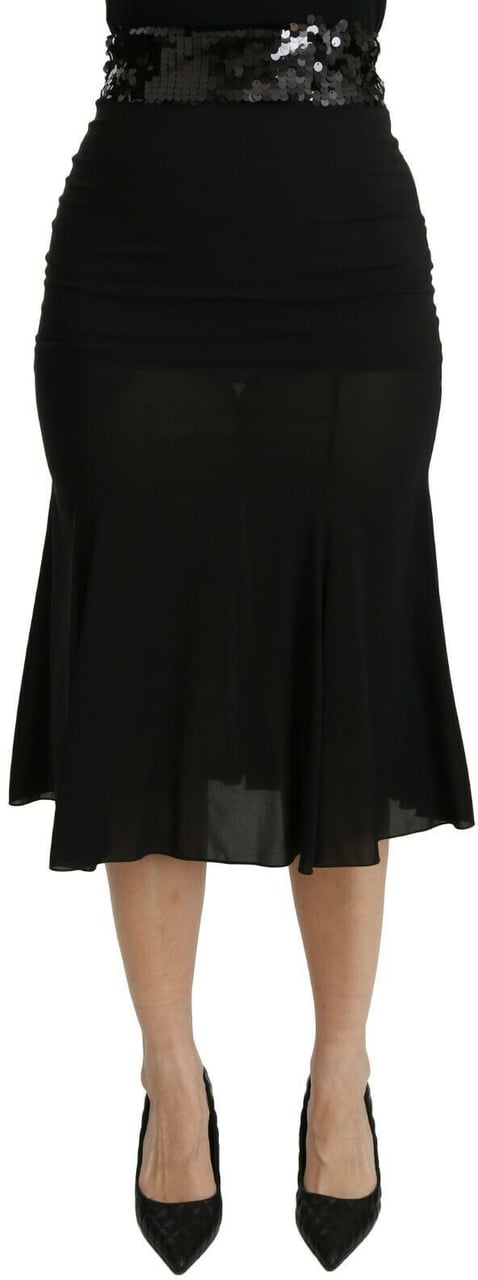 Dolce & Gabbana Black Mermaid High Waist Midi Silk Skirt Zwart