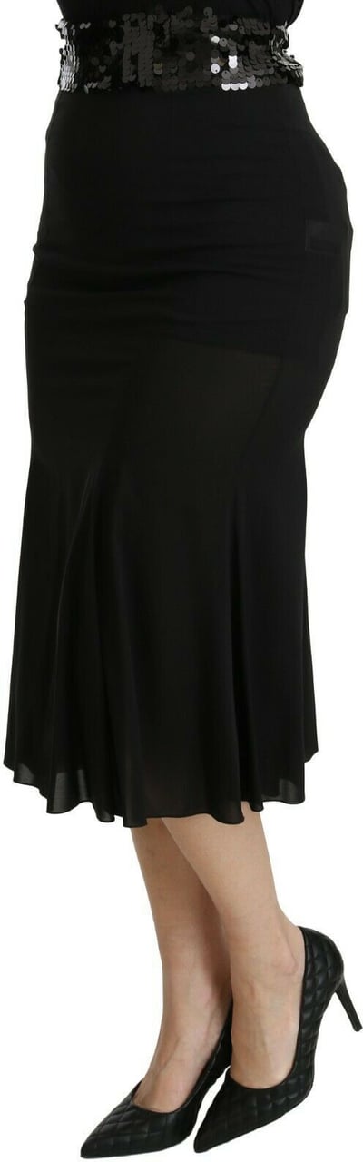 Dolce & Gabbana Black Mermaid High Waist Midi Silk Skirt Zwart