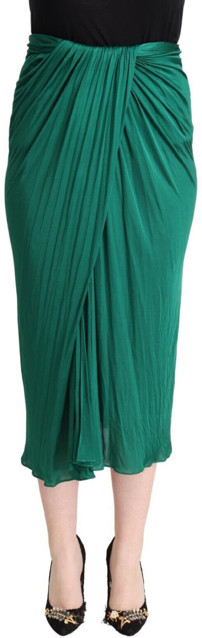 Dolce & Gabbana Dark Green High Waist Midi Pencil Cut Pleated Skirt Donkergroen