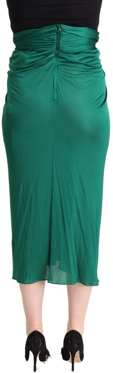 Dolce & Gabbana Dark Green High Waist Midi Pencil Cut Pleated Skirt Donkergroen