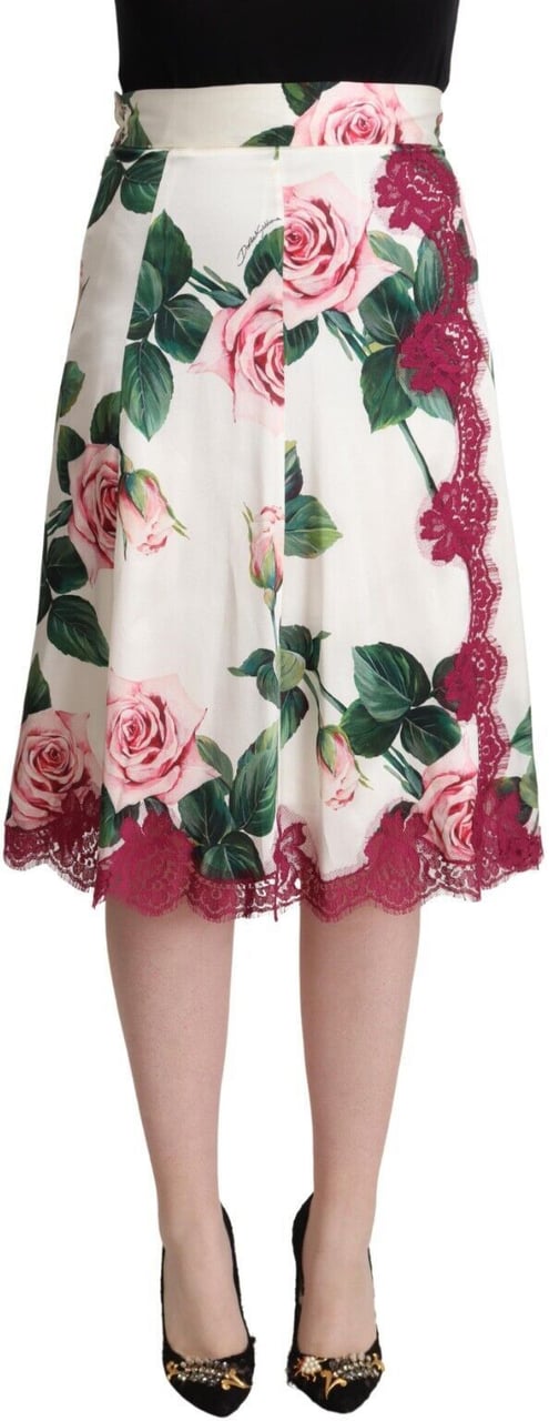Dolce & Gabbana White Rose Print High Waist Midi A-line Skirt Divers
