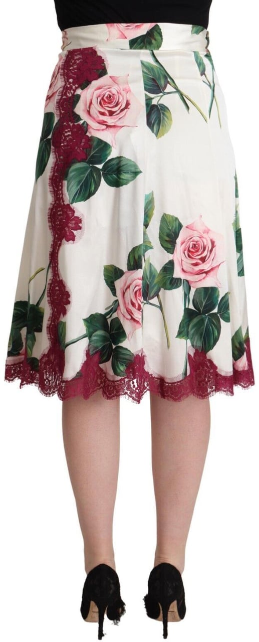 Dolce & Gabbana White Rose Print High Waist Midi A-line Skirt Divers