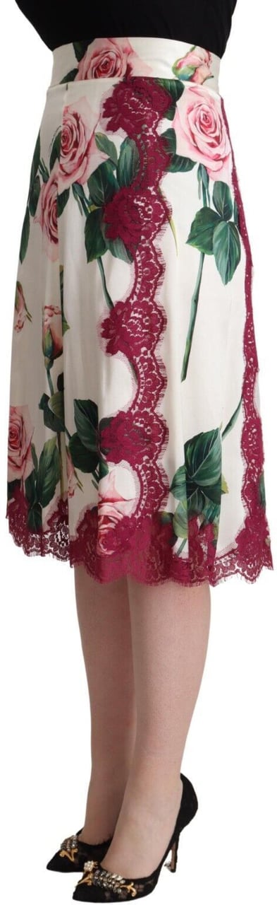Dolce & Gabbana White Rose Print High Waist Midi A-line Skirt Divers