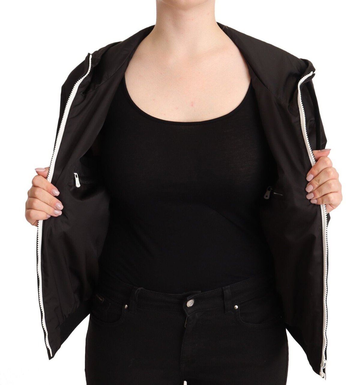 Dolce & Gabbana Black Polyester Hooded Bomber Full Zip Jacket Zwart