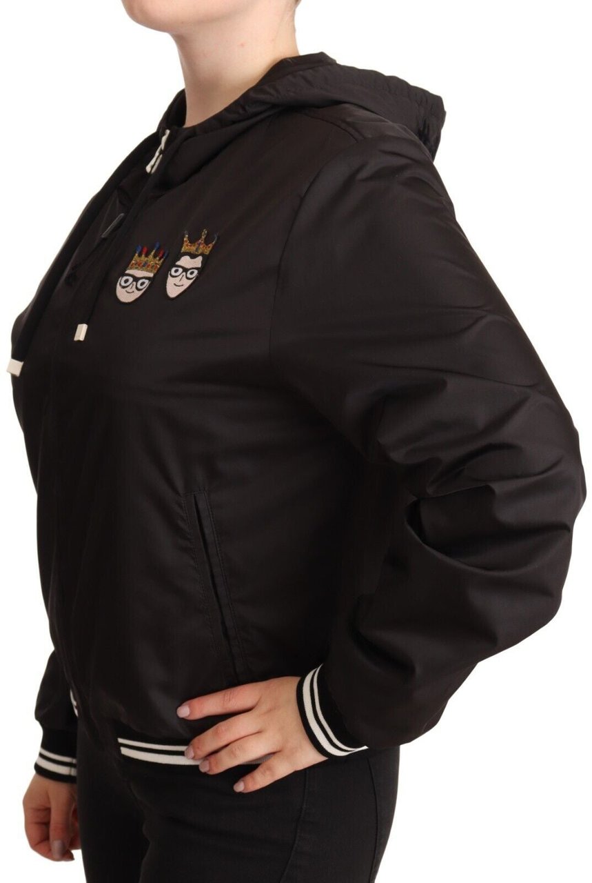 Dolce & Gabbana Black Polyester Hooded Bomber Full Zip Jacket Zwart