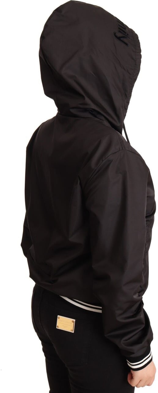 Dolce & Gabbana Black Polyester Hooded Bomber Full Zip Jacket Zwart