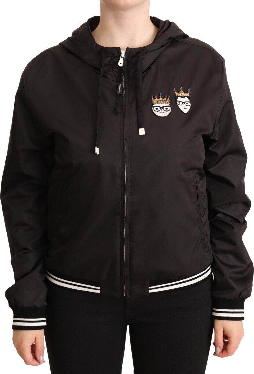 Dolce & Gabbana Black Polyester Hooded Bomber Full Zip Jacket Zwart