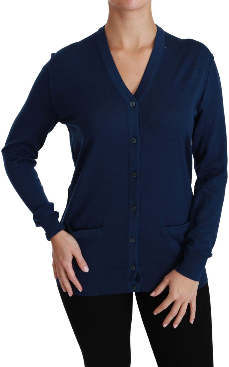 Dolce & Gabbana Blue Button Cardigan Virgin Wool Sweater Blauw