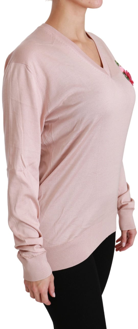 Dolce & Gabbana Pink Floral Embellished Pullover Silk Sweater Roze