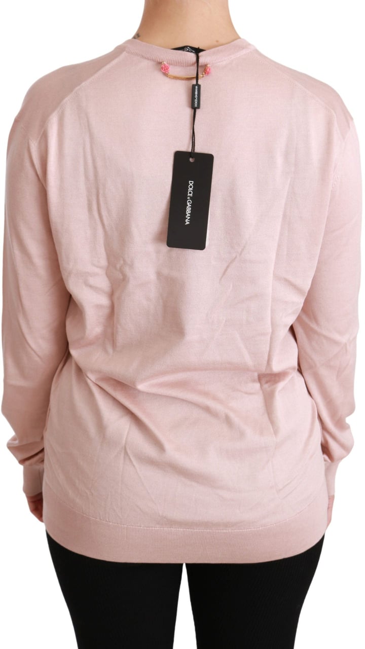 Dolce & Gabbana Pink Floral Embellished Pullover Silk Sweater Roze
