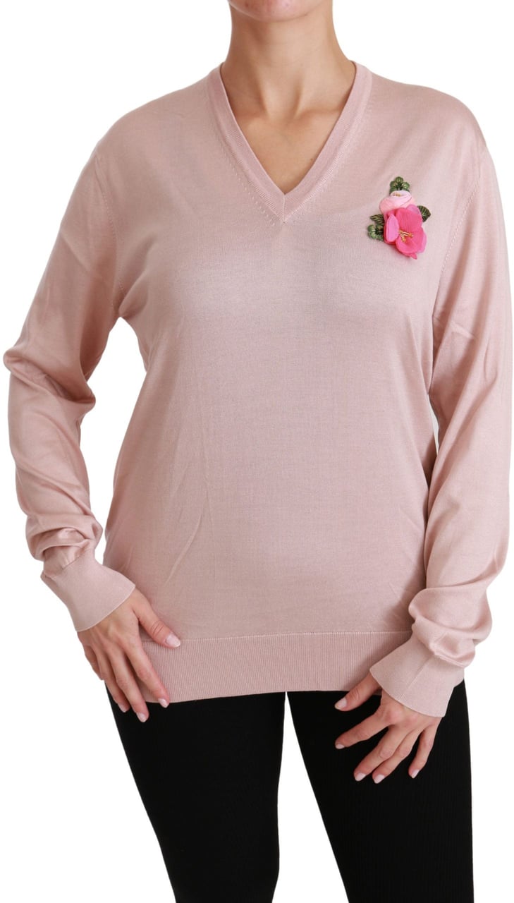 Dolce & Gabbana Pink Floral Embellished Pullover Silk Sweater Roze