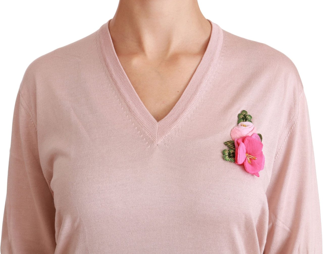 Dolce & Gabbana Pink Floral Embellished Pullover Silk Sweater Roze