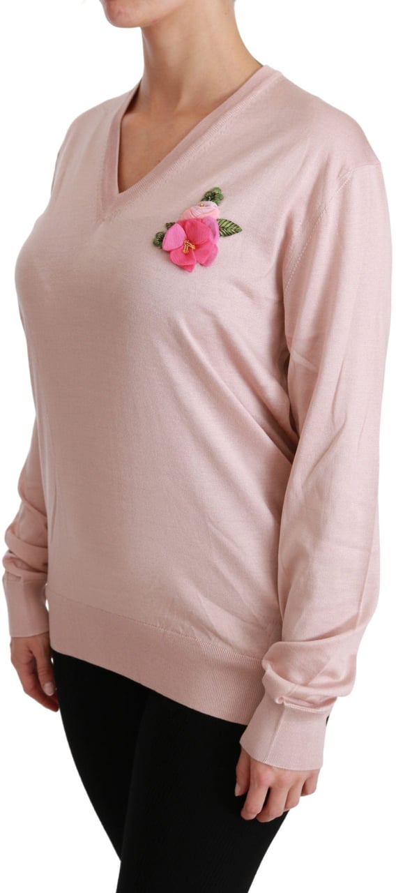 Dolce & Gabbana Pink Floral Embellished Pullover Silk Sweater Roze