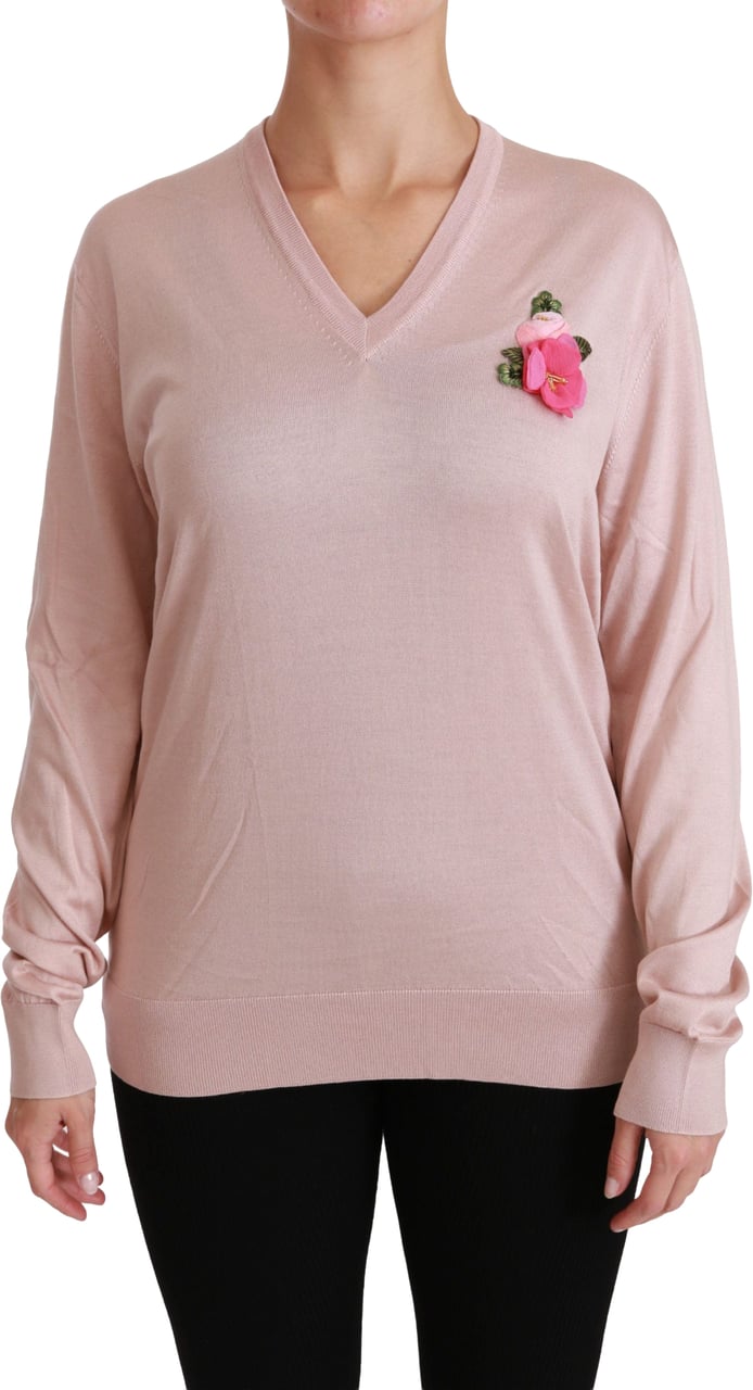 Dolce & Gabbana Pink Floral Embellished Pullover Silk Sweater Roze