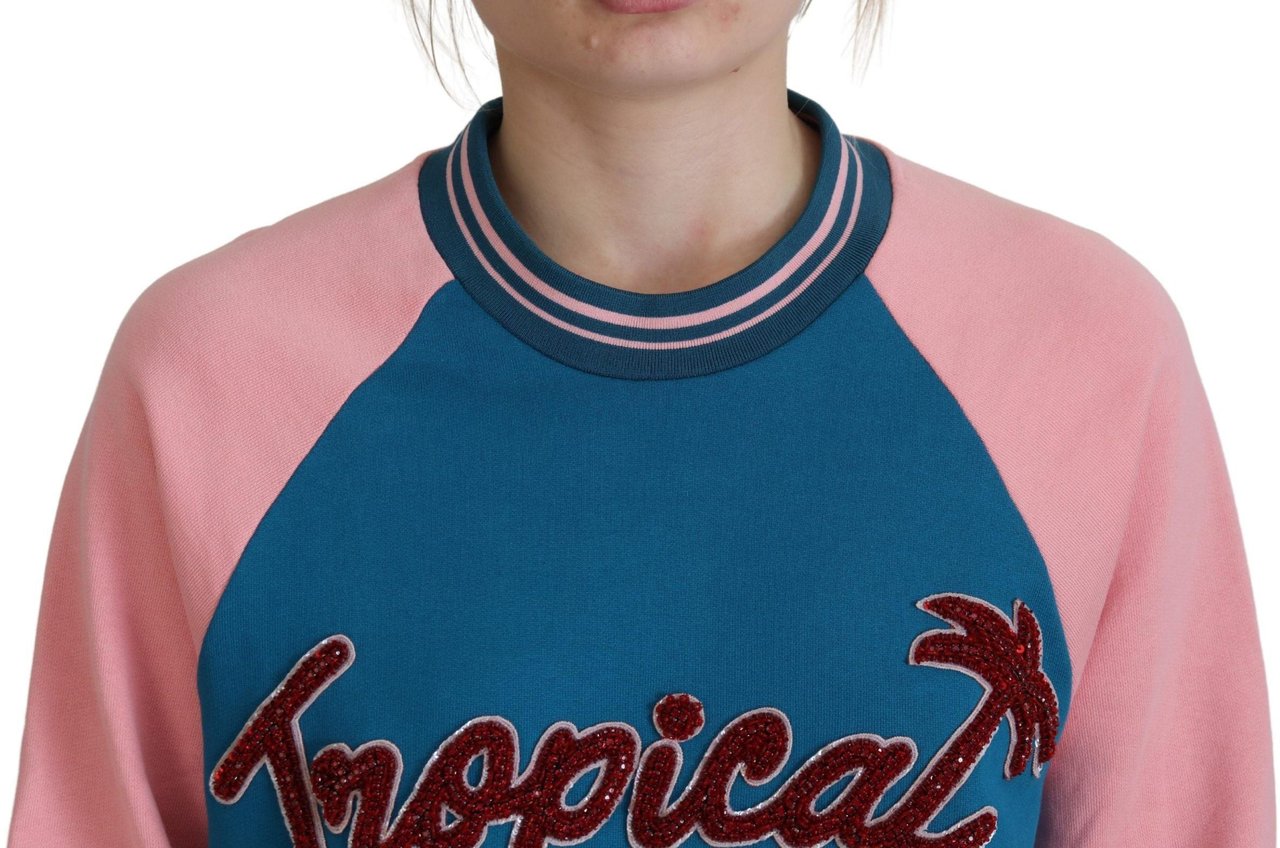 Dolce & Gabbana Blue Pink Queen Sequin Crystal Sweater Blauw