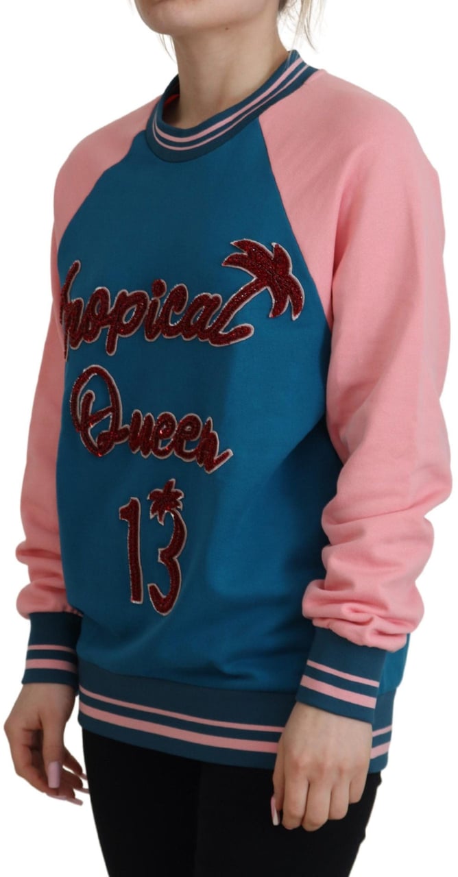 Dolce & Gabbana Blue Pink Queen Sequin Crystal Sweater Blauw