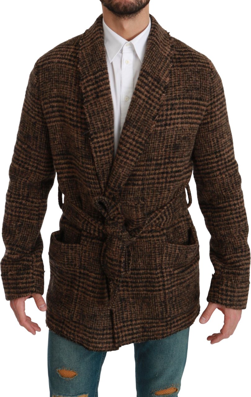 Dolce & Gabbana Brown Checkered Wool Robe Coat Wrap Jacket Bruin