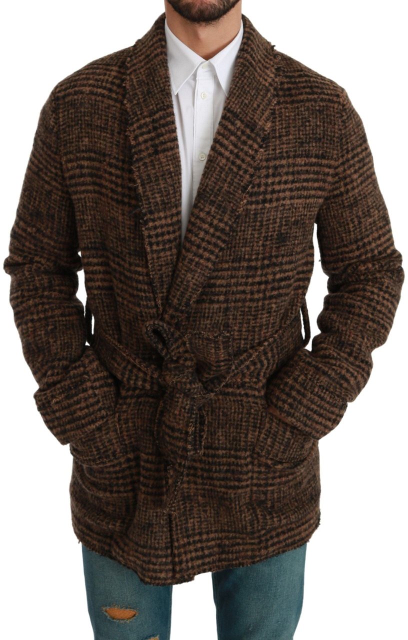 Dolce & Gabbana Brown Checkered Wool Robe Coat Wrap Jacket Bruin