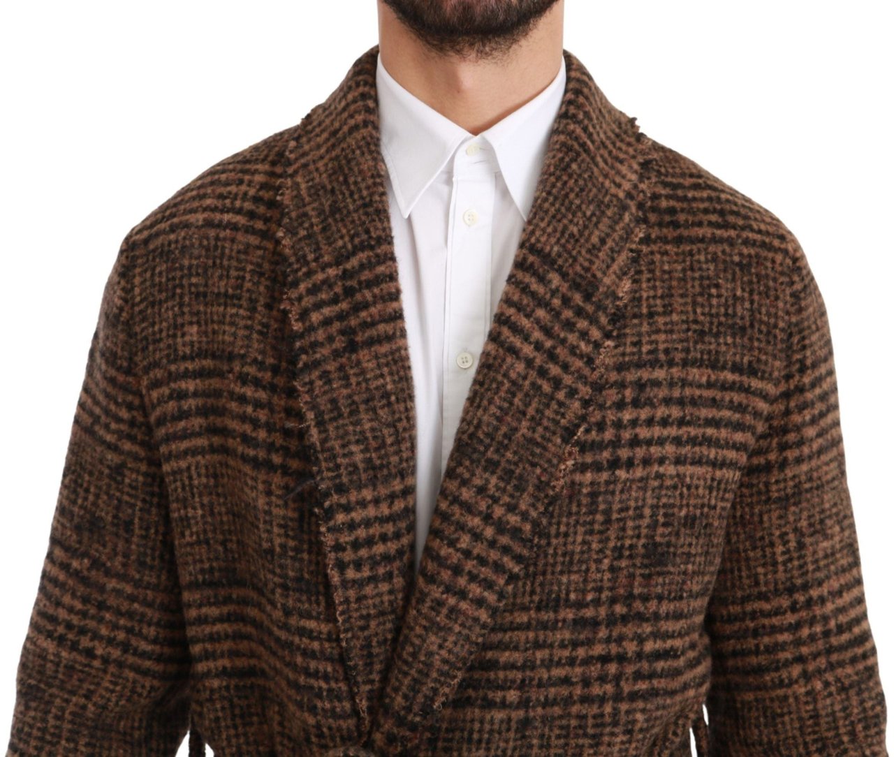 Dolce & Gabbana Brown Checkered Wool Robe Coat Wrap Jacket Bruin