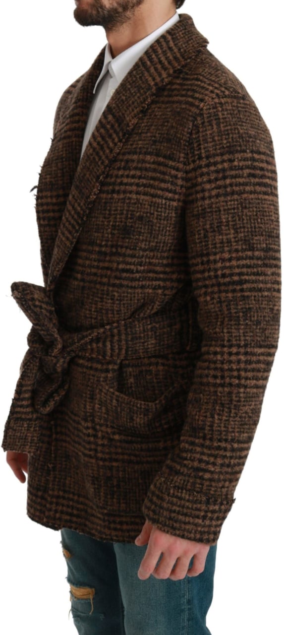 Dolce & Gabbana Brown Checkered Wool Robe Coat Wrap Jacket Bruin