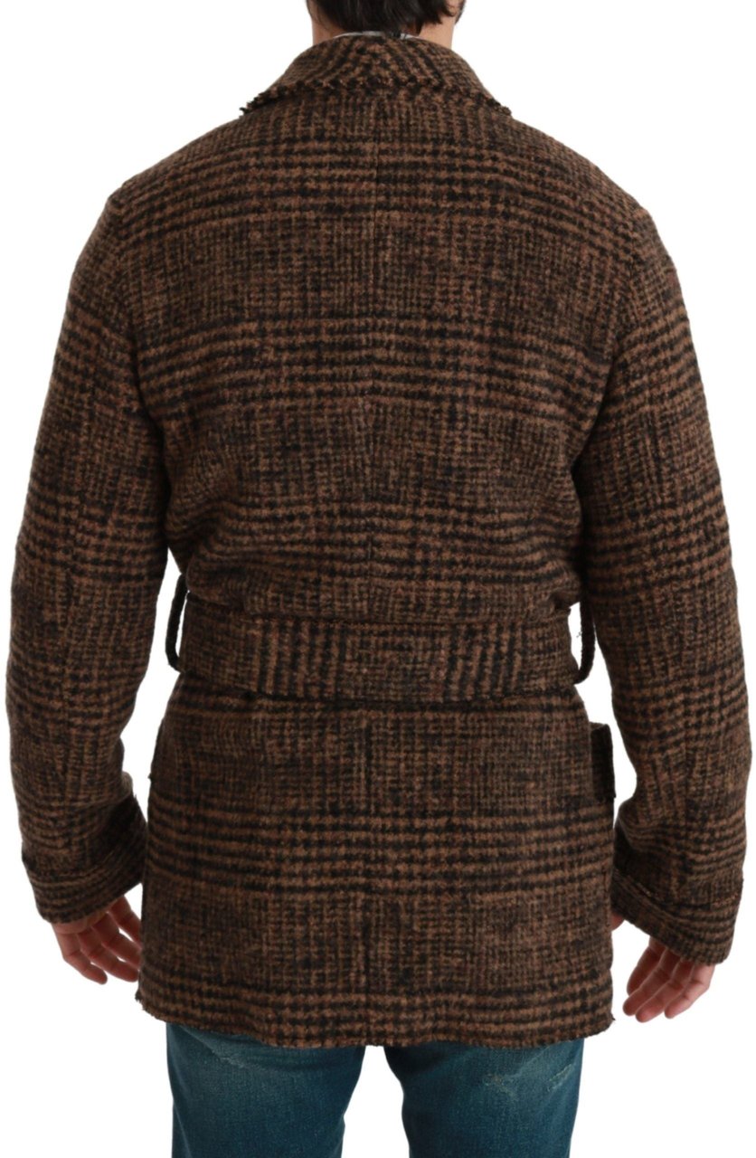 Dolce & Gabbana Brown Checkered Wool Robe Coat Wrap Jacket Bruin