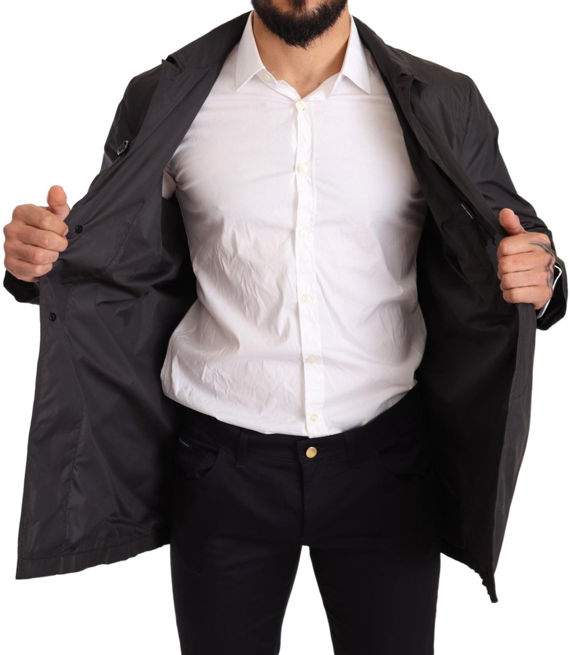 Dolce & Gabbana Black Polyester Mens Trench Coat Jacket Zwart