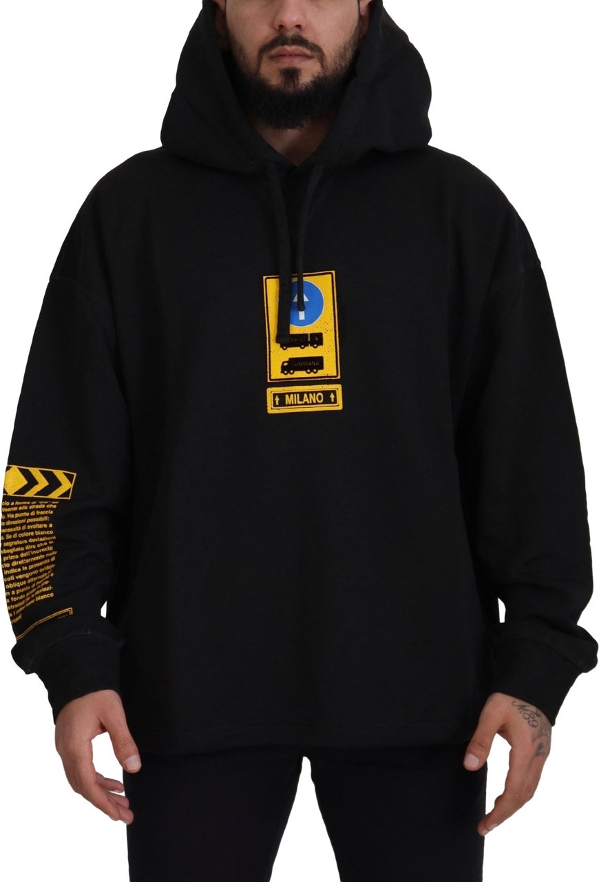 Dolce & Gabbana Black Cotton Hooded DG Shield Pullover Sweater Zwart