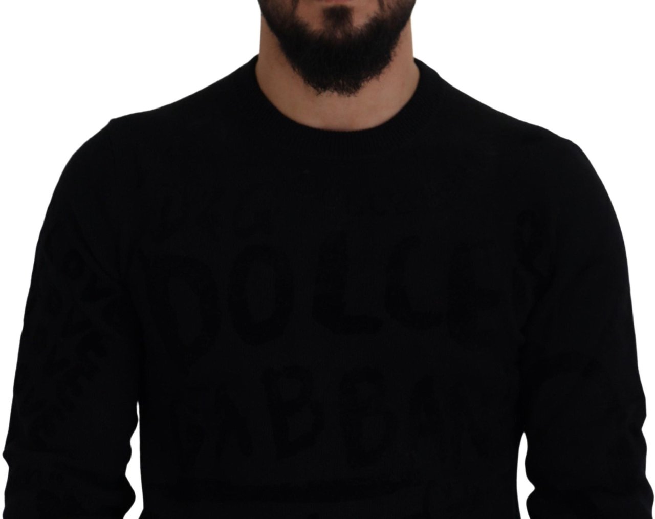 Dolce & Gabbana Black Wool Logo Pattern Crewneck Pullover Sweater Zwart