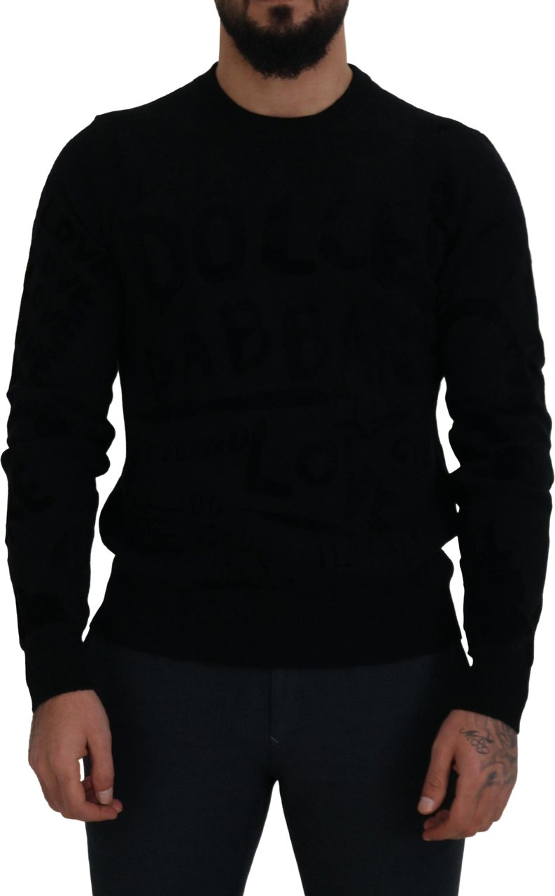 Dolce & Gabbana Black Wool Logo Pattern Crewneck Pullover Sweater Zwart