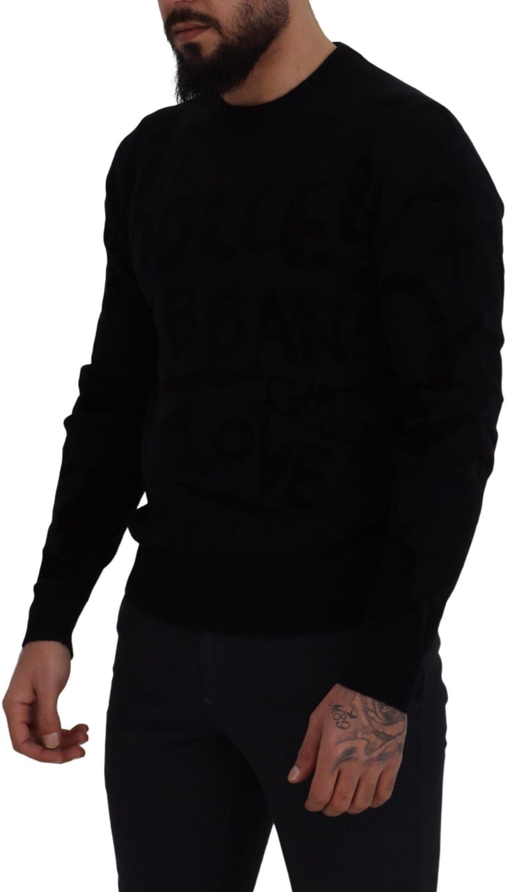 Dolce & Gabbana Black Wool Logo Pattern Crewneck Pullover Sweater Zwart