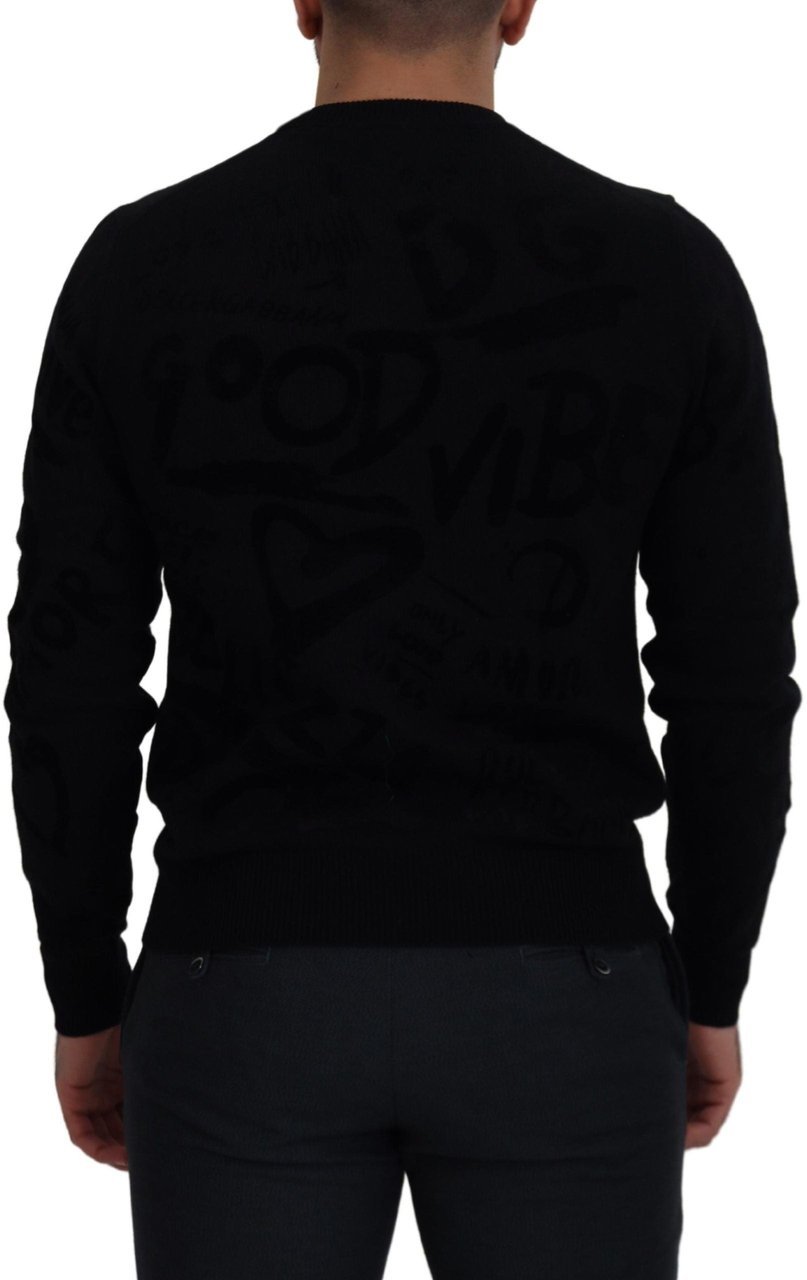 Dolce & Gabbana Black Wool Logo Pattern Crewneck Pullover Sweater Zwart