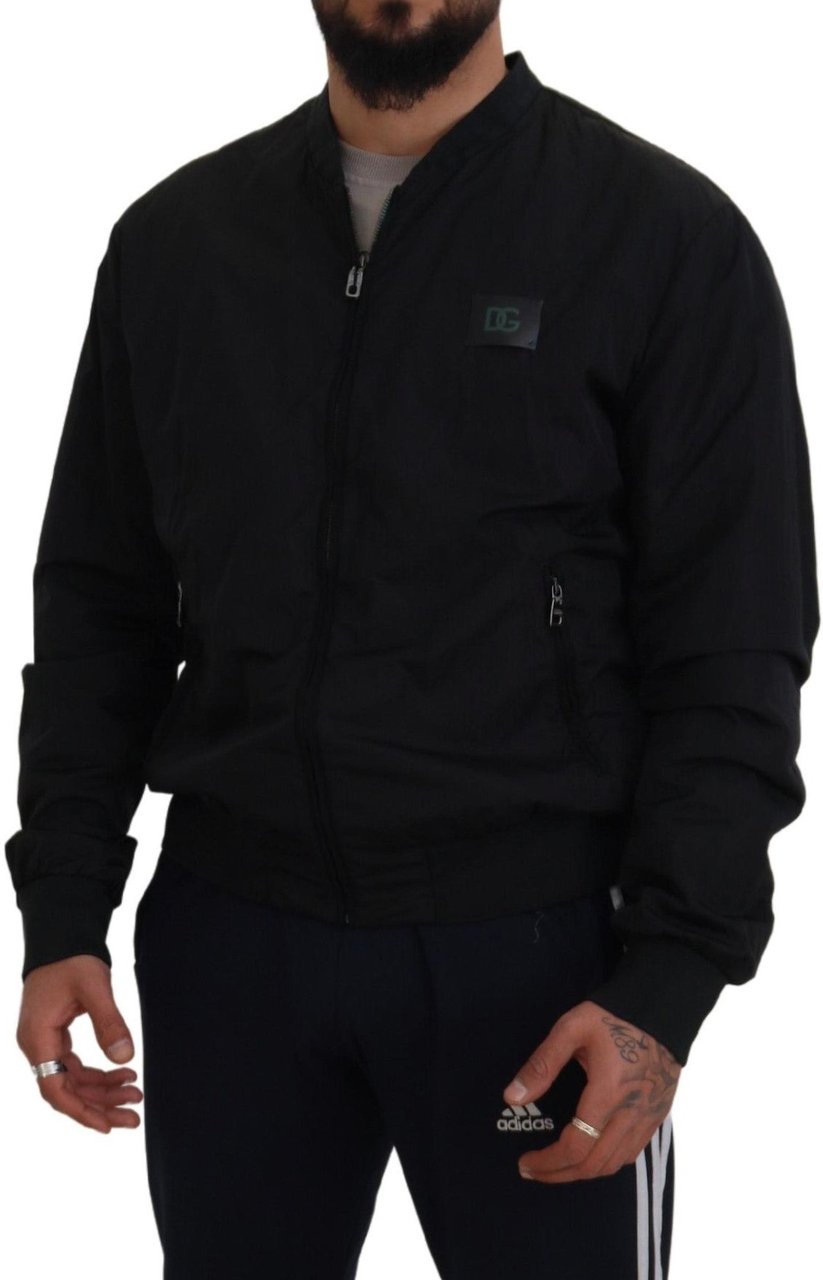 Dolce & Gabbana Black Nylon Logo Bomber Zipper Jacket Zwart