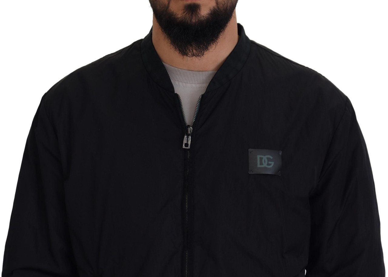 Dolce & Gabbana Black Nylon Logo Bomber Zipper Jacket Zwart