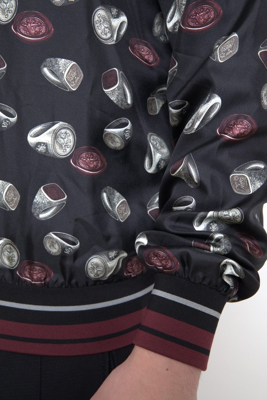Dolce & Gabbana Black Ring Print Silk Crewneck Sweater Zwart