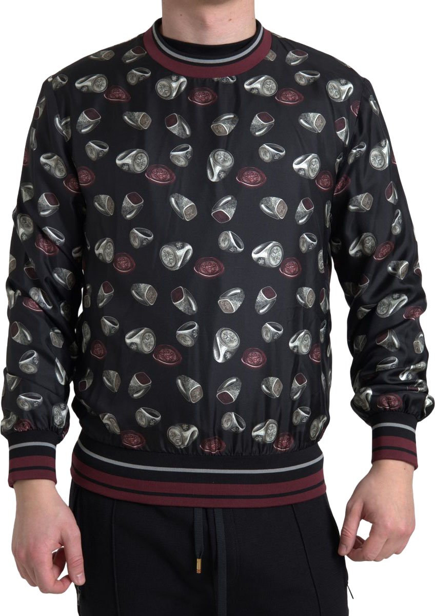 Dolce & Gabbana Black Ring Print Silk Crewneck Sweater Zwart