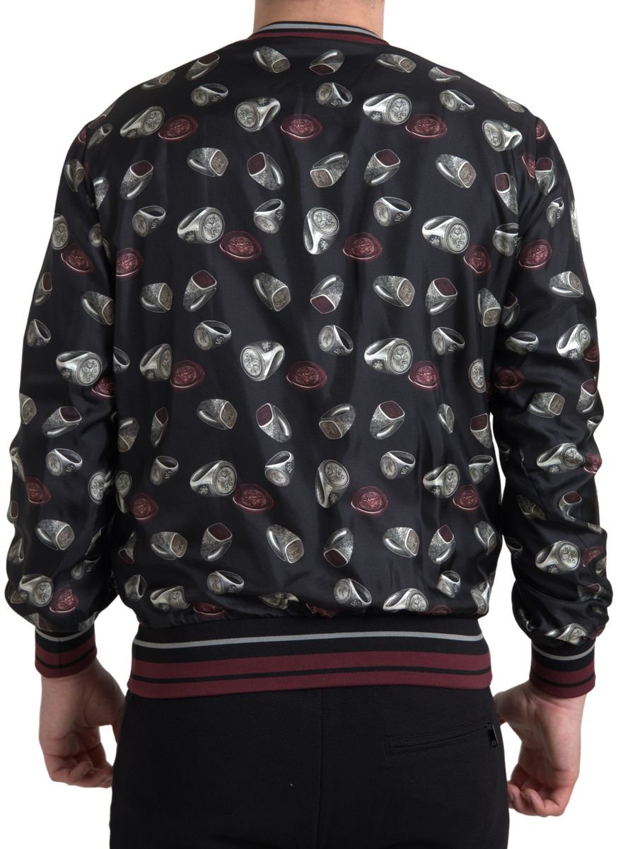 Dolce & Gabbana Black Ring Print Silk Crewneck Sweater Zwart