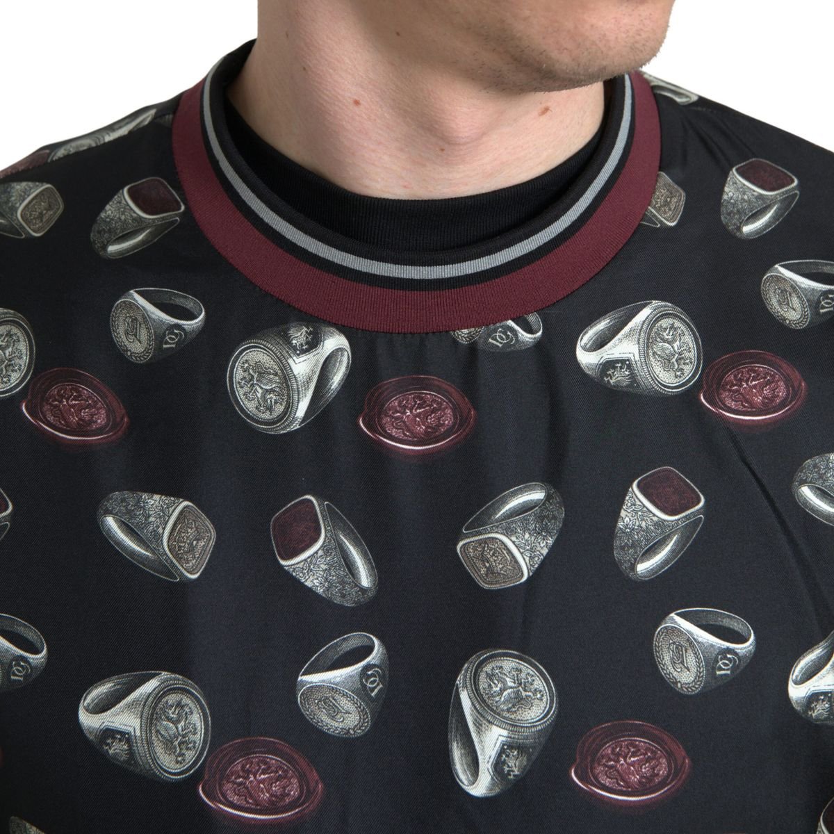 Dolce & Gabbana Black Ring Print Silk Crewneck Sweater Zwart