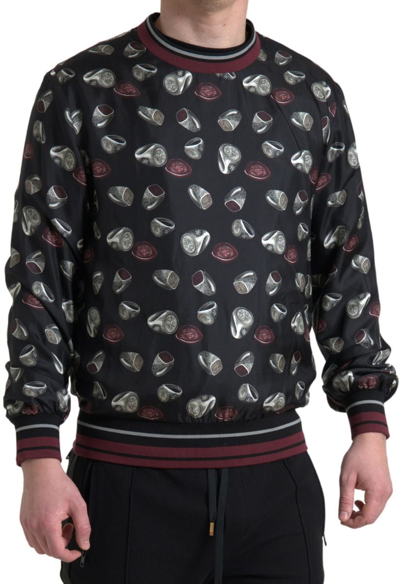 Dolce & Gabbana Black Ring Print Silk Crewneck Sweater Zwart