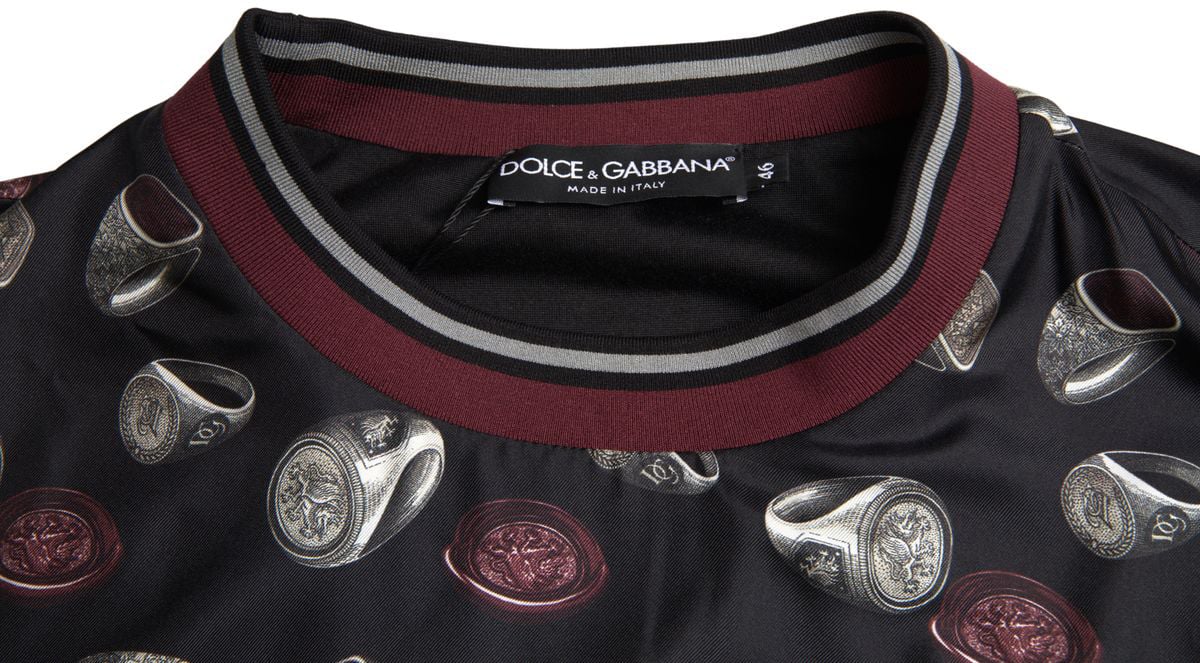 Dolce & Gabbana Black Ring Print Silk Crewneck Sweater Zwart