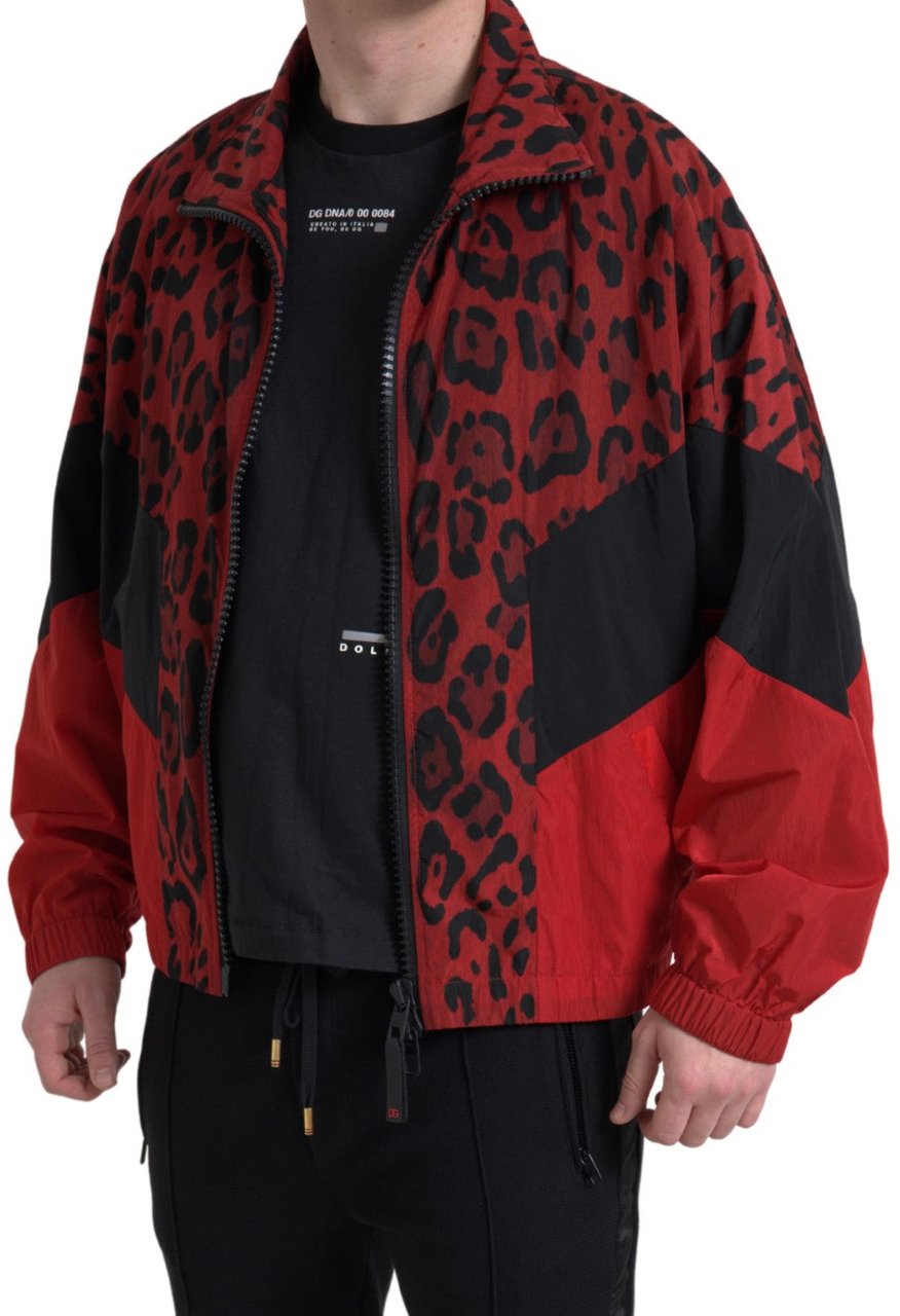 Dolce & Gabbana Red Leopard Nylon Full Zip Sweater Zwart