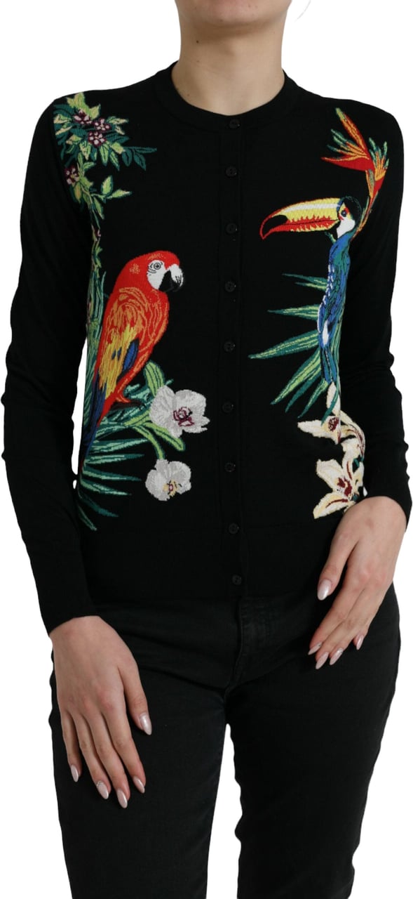 Dolce & Gabbana Black Bird Wool Long Sleeve Cardigan Sweater Zwart