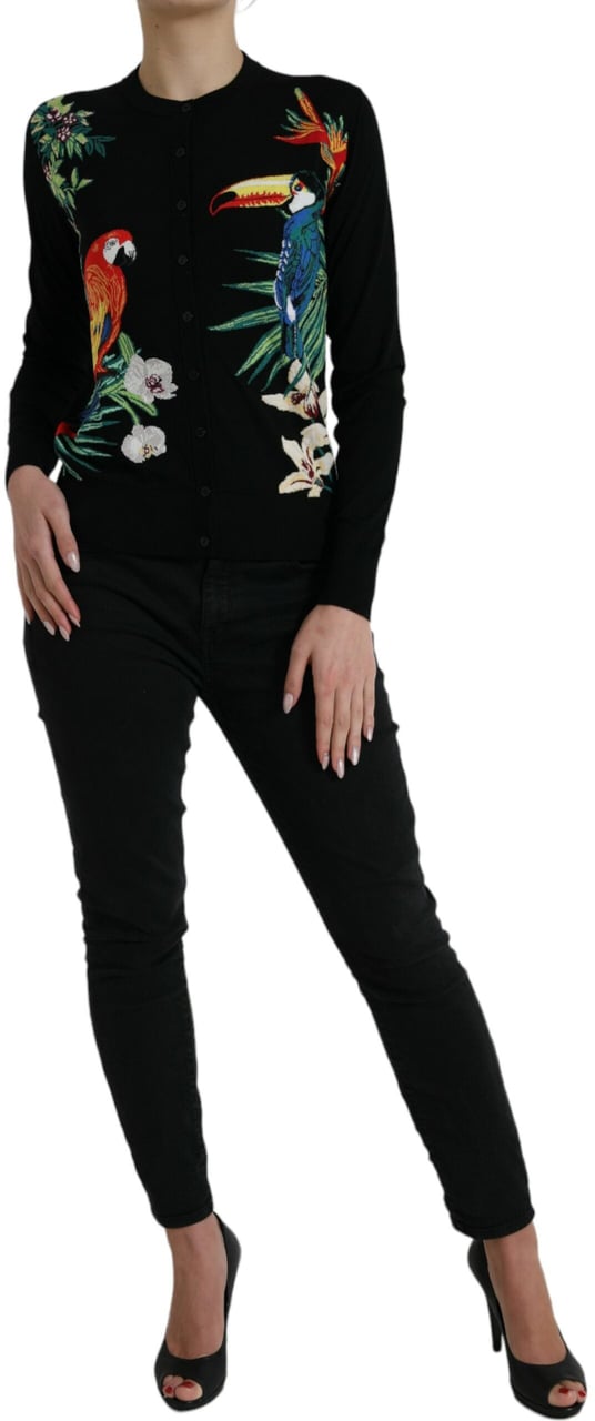Dolce & Gabbana Black Bird Wool Long Sleeve Cardigan Sweater Zwart