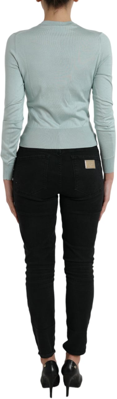 Dolce & Gabbana Light Blue Silk Crew Neck Cardigan Sweater Blauw