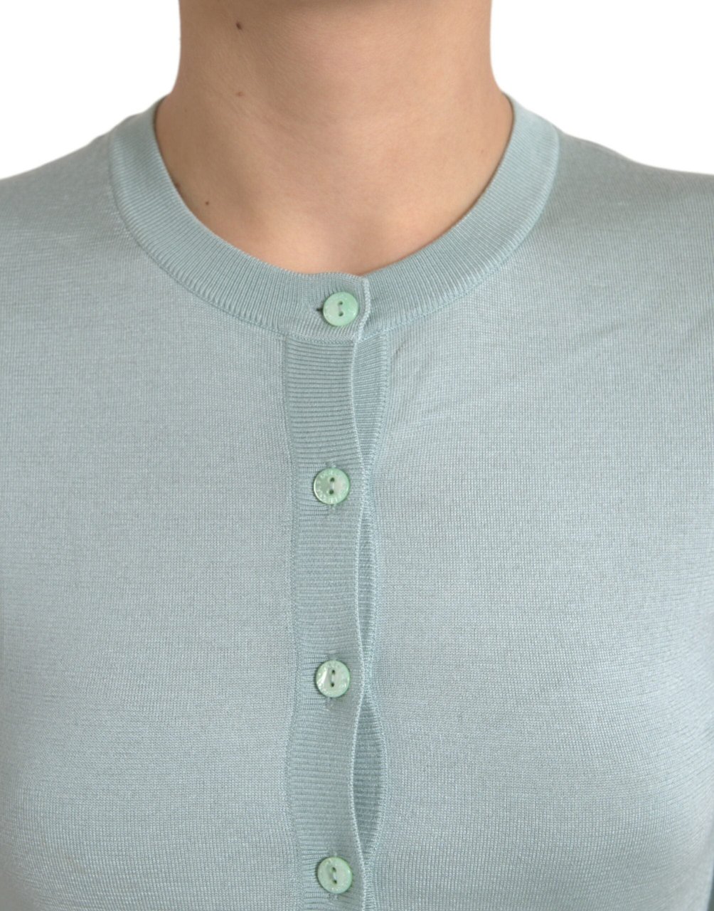 Dolce & Gabbana Light Blue Silk Crew Neck Cardigan Sweater Blauw