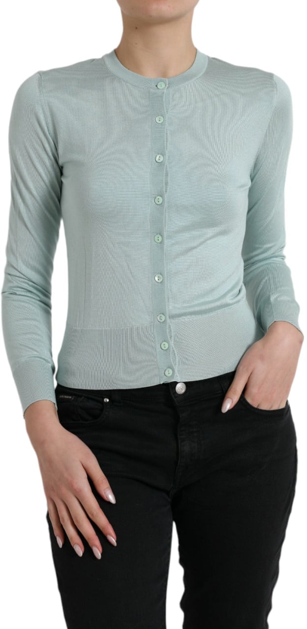 Dolce & Gabbana Light Blue Silk Crew Neck Cardigan Sweater Blauw