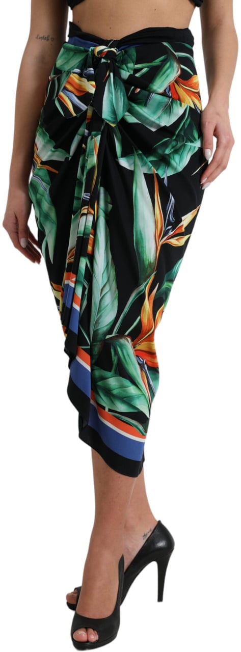 Dolce & Gabbana Black Strelitzia High Waist Wrap Midi Skirt Zwart